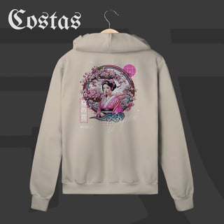Nome do produto Moletom Zíper - Geisha no Sakura | Arte nas costas