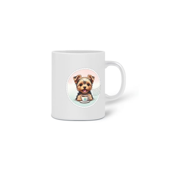 Caneca Yorkshire Terrier Fofo com Café e Design Onda Pastel