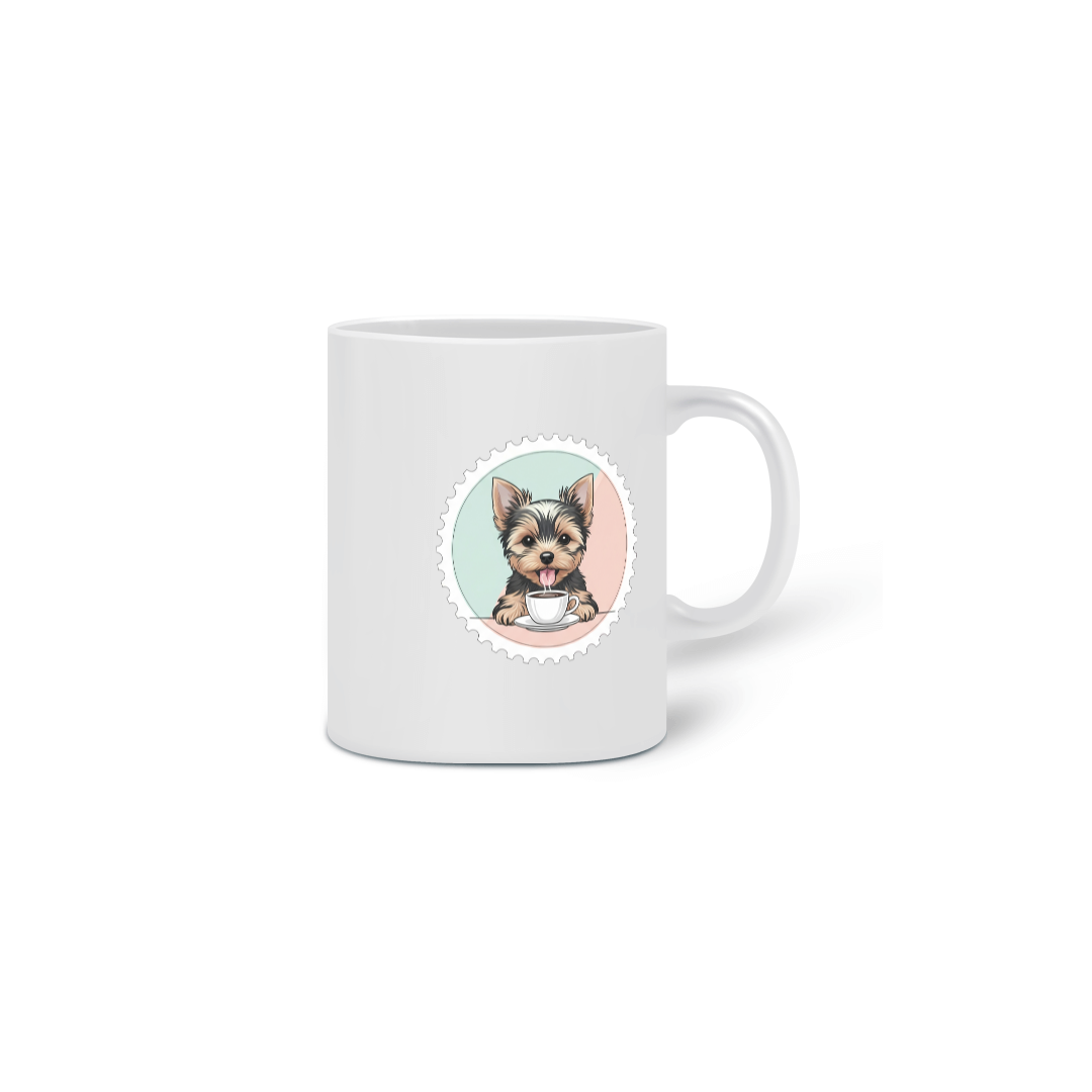 Nome do produto: Caneca Yorkshire Terrier Sorridente com Café e Selo Clean Pastel