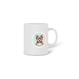 Nome do produto Caneca Yorkshire Terrier Sorridente com Café e Selo Clean Pastel