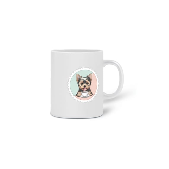 Caneca Yorkshire Terrier Sorridente com Café e Selo Clean Pastel
