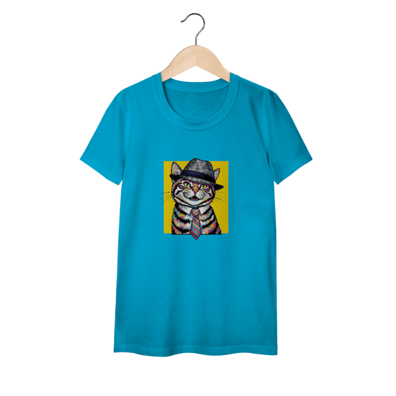 Baby Look Feminina Gato Fashion com Chapéu e Gravata