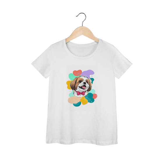Camisa Feminina Baby Long Prime - Shih-Tzu com Gravata Rosa
