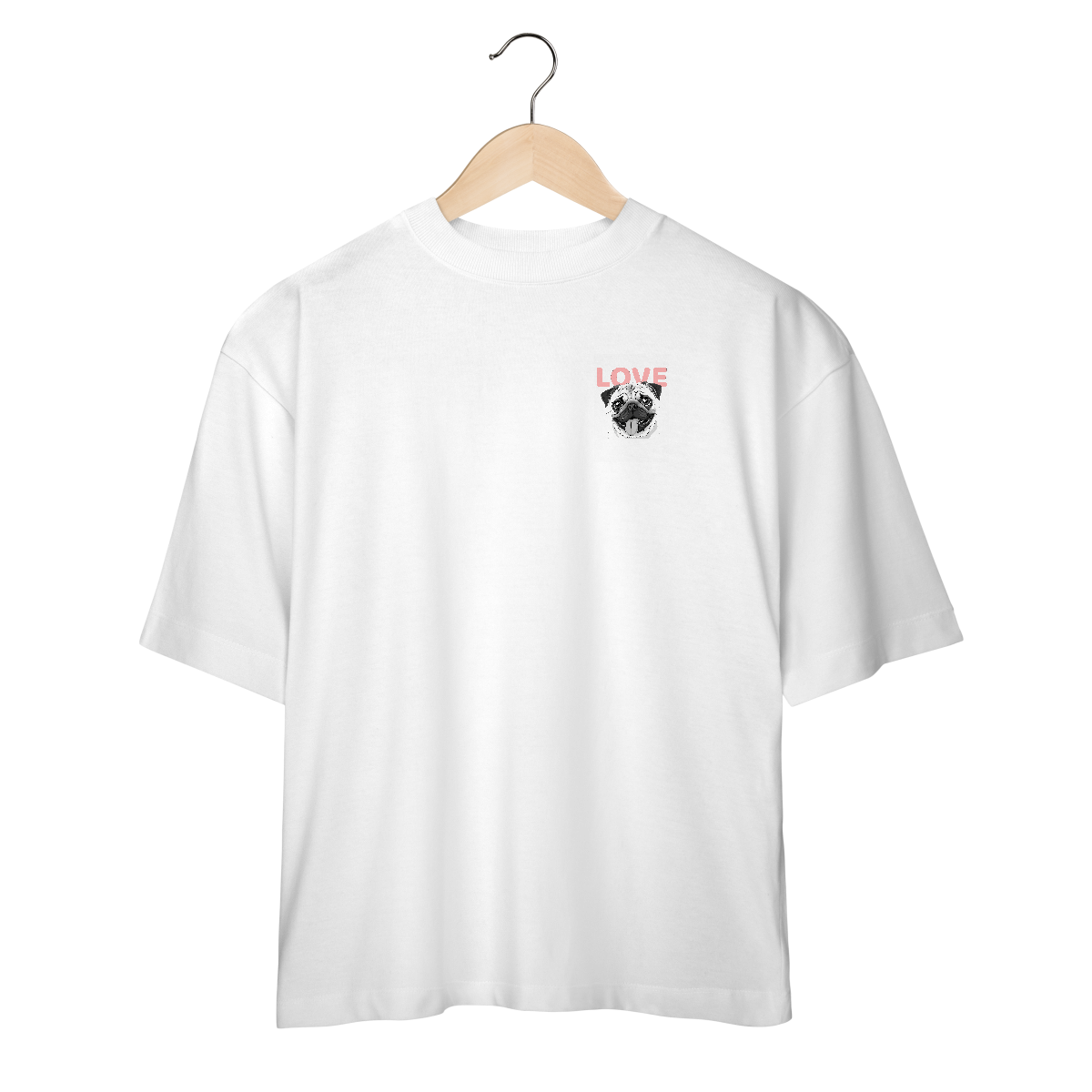Nome do produto: Camisa Oversized Pug Love – Camiseta Pet Lover com Estampa Fofa