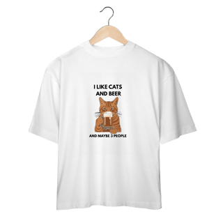Camisa Oversized Cat & Beer – Estilo Largo com Estampa Divertida de Gato