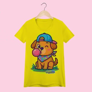 Nome do produto Camiseta Baby Long Feminina Cachorro com Bandana – 100% Algodão | Coleção Reino Animal do Caioba
