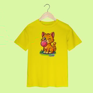 Nome do produto Camiseta Infantil (2 a 8 anos) Gato Amarelo – 100% Algodão | Coleção Reino Animal do Caioba