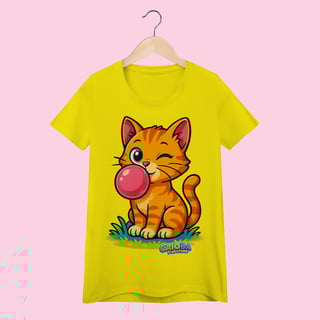 Nome do produto Camiseta Baby Long Feminina Gato Amarelo – 100% Algodão | Coleção Reino Animal do Caioba