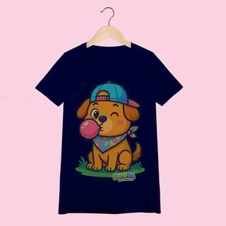 Nome do produto Camiseta Baby Long Feminina Cachorro com Bandana – 100% Algodão | Coleção Reino Animal do Caioba