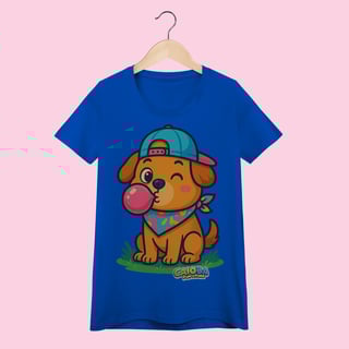 Nome do produto Camiseta Baby Long Feminina Cachorro com Bandana – 100% Algodão | Coleção Reino Animal do Caioba