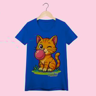 Nome do produto Camiseta Baby Long Feminina Gato Amarelo – 100% Algodão | Coleção Reino Animal do Caioba