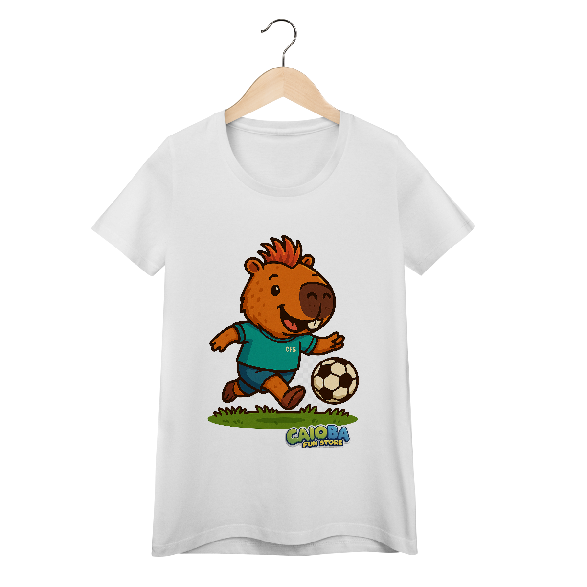 Nome do produto: Camiseta Capivara Jogando Futebol - feminina
