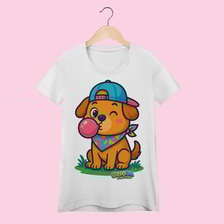 Nome do produto Camiseta Baby Long Feminina Cachorro com Bandana – 100% Algodão | Coleção Reino Animal do Caioba