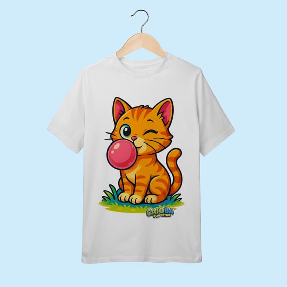 Camiseta Juvenil (10 a 14 anos) Gato Amarelo – 100% Algodão | Coleção Reino Animal do Caioba