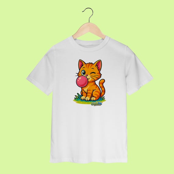 Camiseta Infantil (2 a 8 anos) Gato Amarelo – 100% Algodão | Coleção Reino Animal do Caioba
