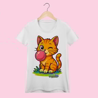 Camiseta Baby Long Feminina Gato Amarelo – 100% Algodão | Coleção Reino Animal do Caioba