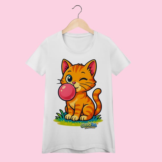 Camiseta Baby Long Feminina Gato Amarelo – 100% Algodão | Coleção Reino Animal do Caioba