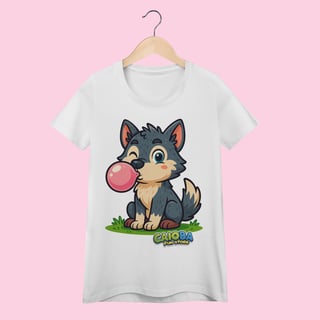 Camiseta Baby Long Feminina Lobinho – 100% Algodão | Coleção Reino Animal do Caioba