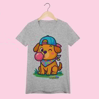 Nome do produto Camiseta Baby Long Feminina Cachorro com Bandana – 100% Algodão | Coleção Reino Animal do Caioba