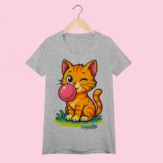 Nome do produto Camiseta Baby Long Feminina Gato Amarelo – 100% Algodão | Coleção Reino Animal do Caioba