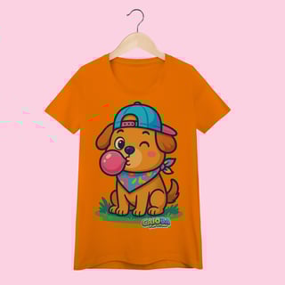 Nome do produto Camiseta Baby Long Feminina Cachorro com Bandana – 100% Algodão | Coleção Reino Animal do Caioba