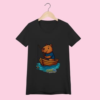 Nome do produto Camiseta Feminina Capivara Pescando – 100% Algodão | Estampa Divertida e Exclusiva