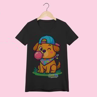 Nome do produto Camiseta Baby Long Feminina Cachorro com Bandana – 100% Algodão | Coleção Reino Animal do Caioba