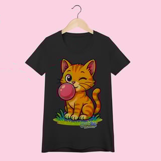 Nome do produto Camiseta Baby Long Feminina Gato Amarelo – 100% Algodão | Coleção Reino Animal do Caioba