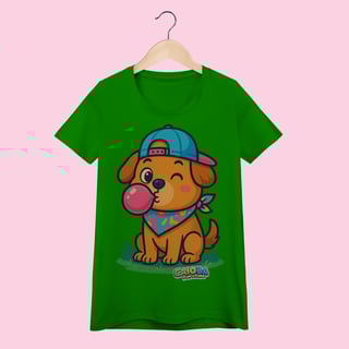 Nome do produto Camiseta Baby Long Feminina Cachorro com Bandana – 100% Algodão | Coleção Reino Animal do Caioba