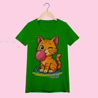 Nome do produto Camiseta Baby Long Feminina Gato Amarelo – 100% Algodão | Coleção Reino Animal do Caioba