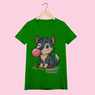 Nome do produto Camiseta Baby Long Feminina Lobinho – 100% Algodão | Coleção Reino Animal do Caioba