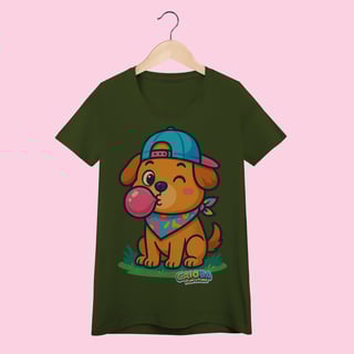 Nome do produto Camiseta Baby Long Feminina Cachorro com Bandana – 100% Algodão | Coleção Reino Animal do Caioba