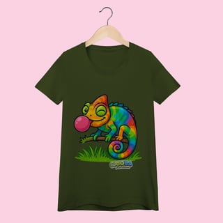 Nome do produto Camiseta Baby Long Feminina Camaleão – 100% Algodão | Coleção Reino Animal do Caioba