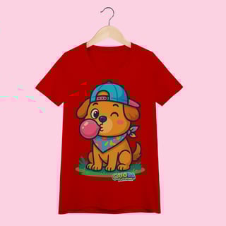 Nome do produto Camiseta Baby Long Feminina Cachorro com Bandana – 100% Algodão | Coleção Reino Animal do Caioba