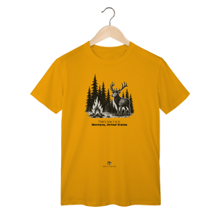 Nome do produto Camiseta Aventura Masculina – Fogueira e Alce na Floresta