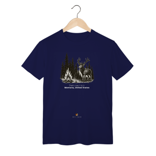 Nome do produto Camiseta Aventura Masculina – Fogueira e Alce na Floresta