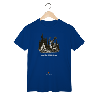 Nome do produto Camiseta Aventura Masculina – Fogueira e Alce na Floresta