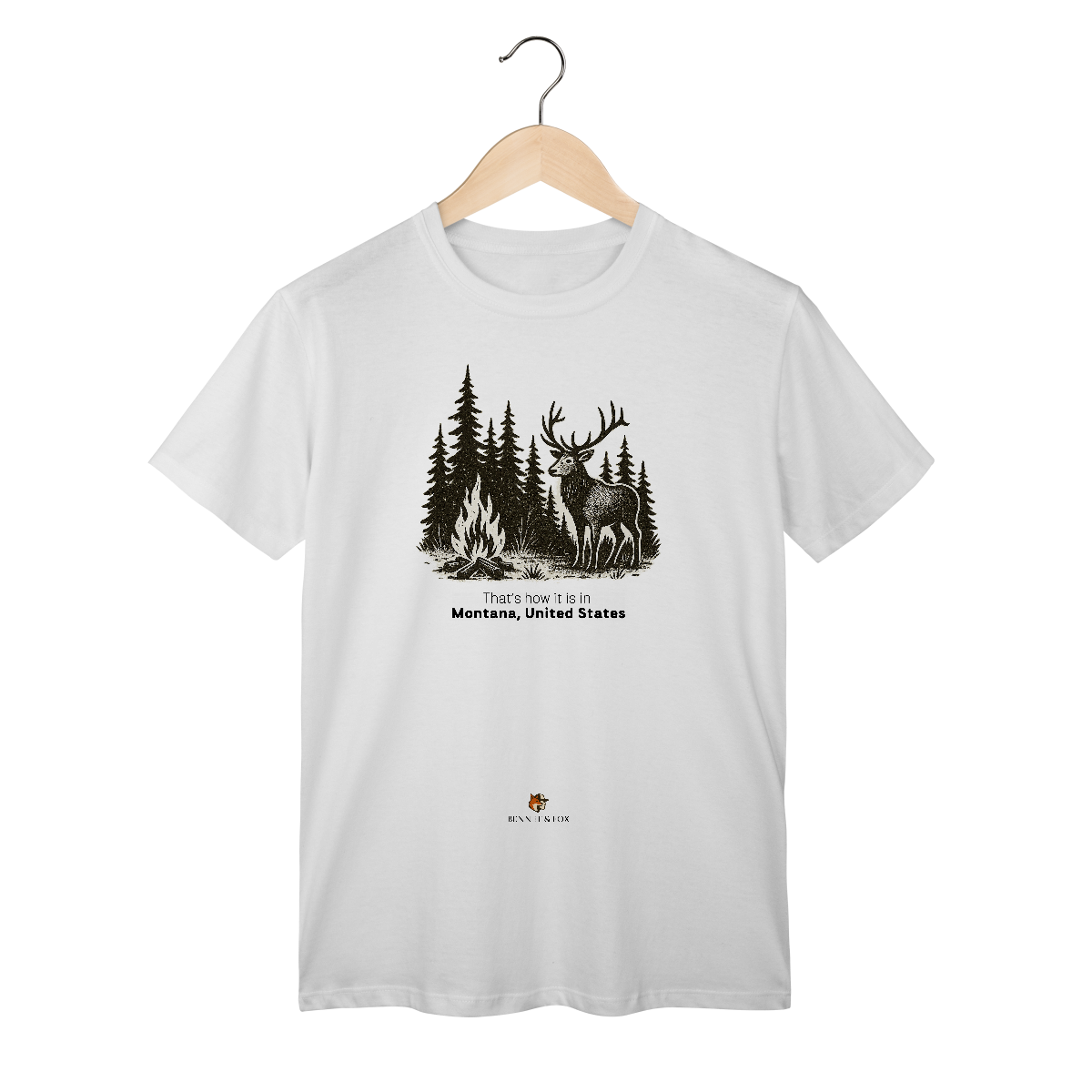 Nome do produto: Camiseta Aventura Masculina – Fogueira e Alce na Floresta
