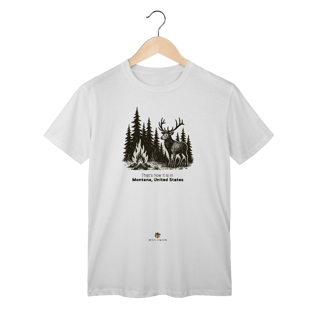 Nome do produto Camiseta Aventura Masculina – Fogueira e Alce na Floresta