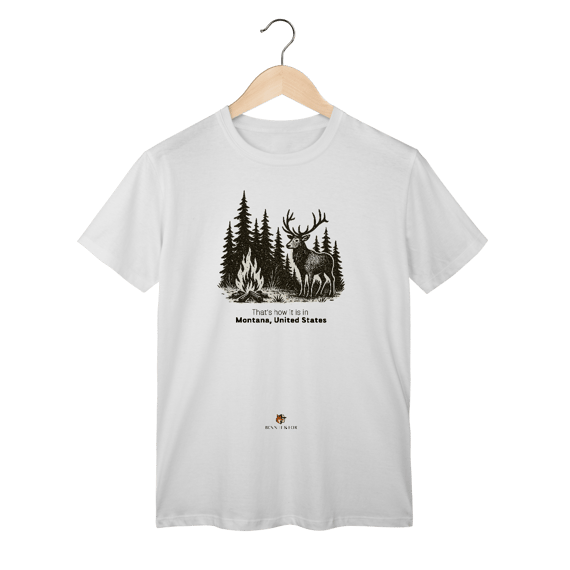 Camiseta Aventura Masculina – Fogueira e Alce na Floresta