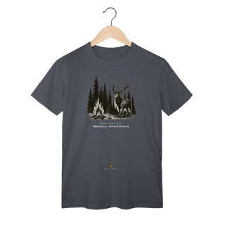 Nome do produto Camiseta Aventura Masculina – Fogueira e Alce na Floresta