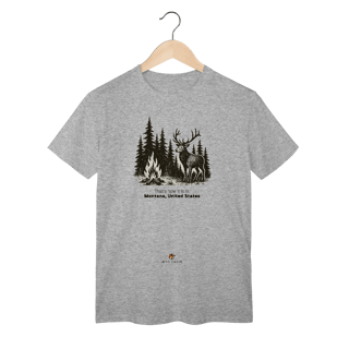 Nome do produto Camiseta Aventura Masculina – Fogueira e Alce na Floresta