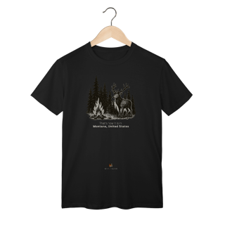 Nome do produto Camiseta Aventura Masculina – Fogueira e Alce na Floresta
