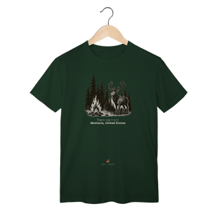 Nome do produto Camiseta Aventura Masculina – Fogueira e Alce na Floresta