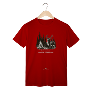 Nome do produto Camiseta Aventura Masculina – Fogueira e Alce na Floresta
