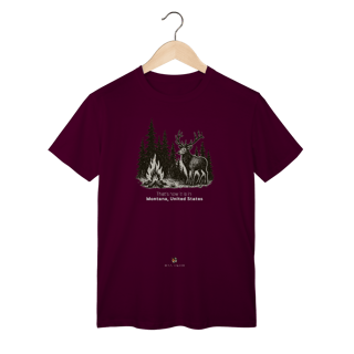 Nome do produto Camiseta Aventura Masculina – Fogueira e Alce na Floresta