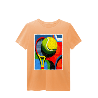 Nome do produto T-Shirt Estonada Abstrata de Tênis – Raquete e Bola em Arte Exclusiva