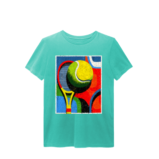 Nome do produto T-Shirt Estonada Abstrata de Tênis – Raquete e Bola em Arte Exclusiva