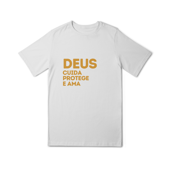  Camiseta Quality Infantil (10 a 14) - Deus cuida, protege e ama