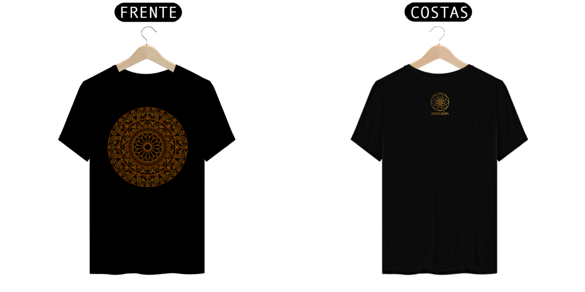 Nome do produto: Camiseta Mandala folhas - Radial amarelo e dourado